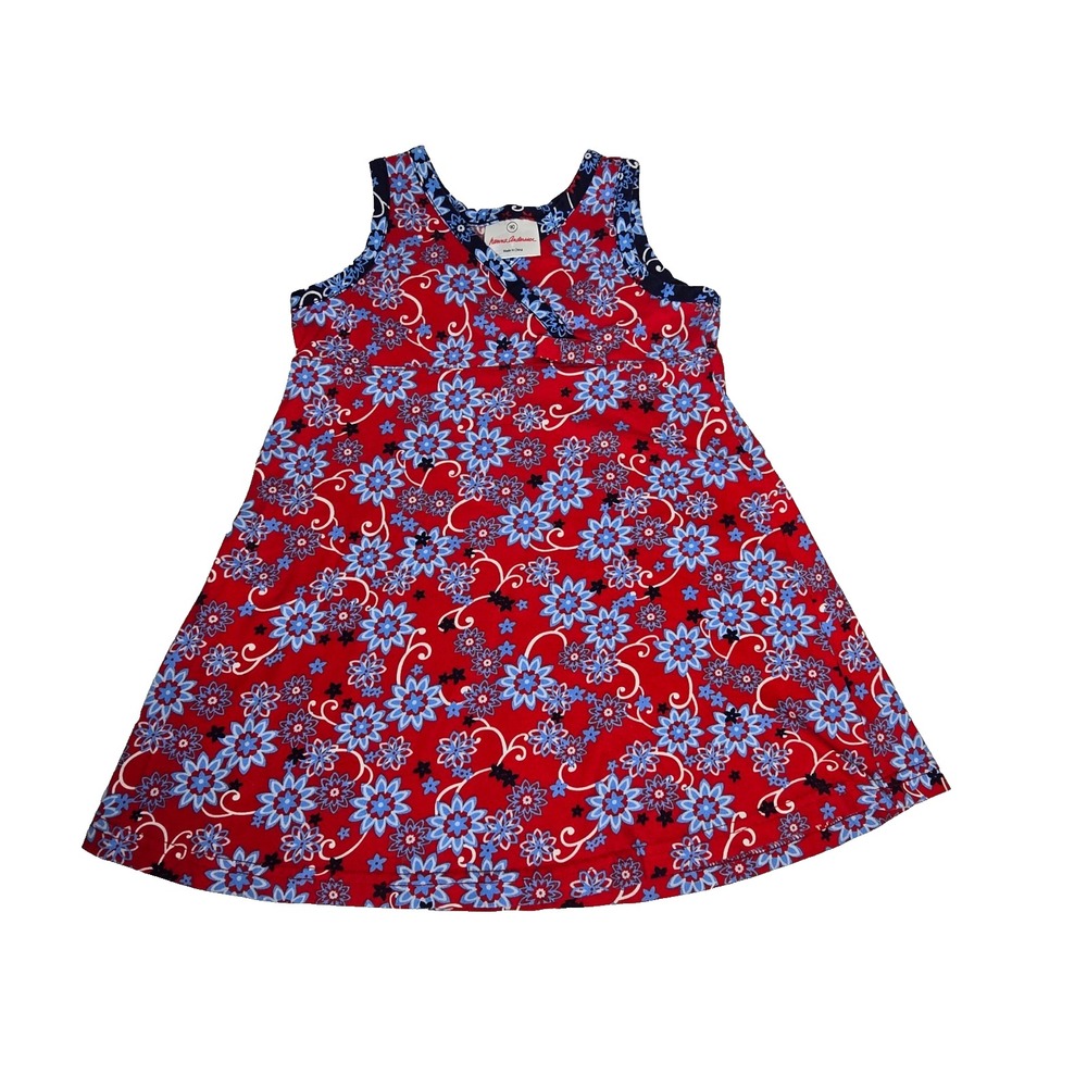 Hanna Andersson Girls Red Blue Sleeveless Floral Dress Size 90 US 3T